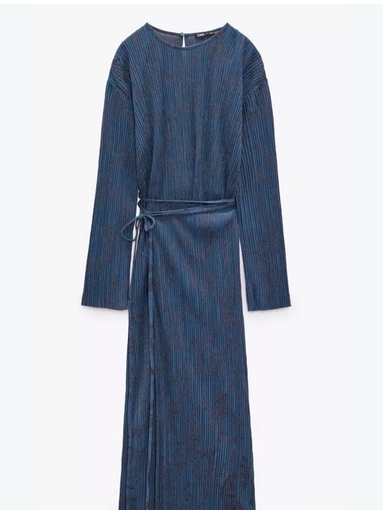 Zara Dresses & Skirts - Zara Blue Long Sleeve Wrap Jacquard pleated midi Dress Size S